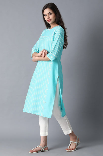 W for Woman Turquoise Round Neck Printed kurta