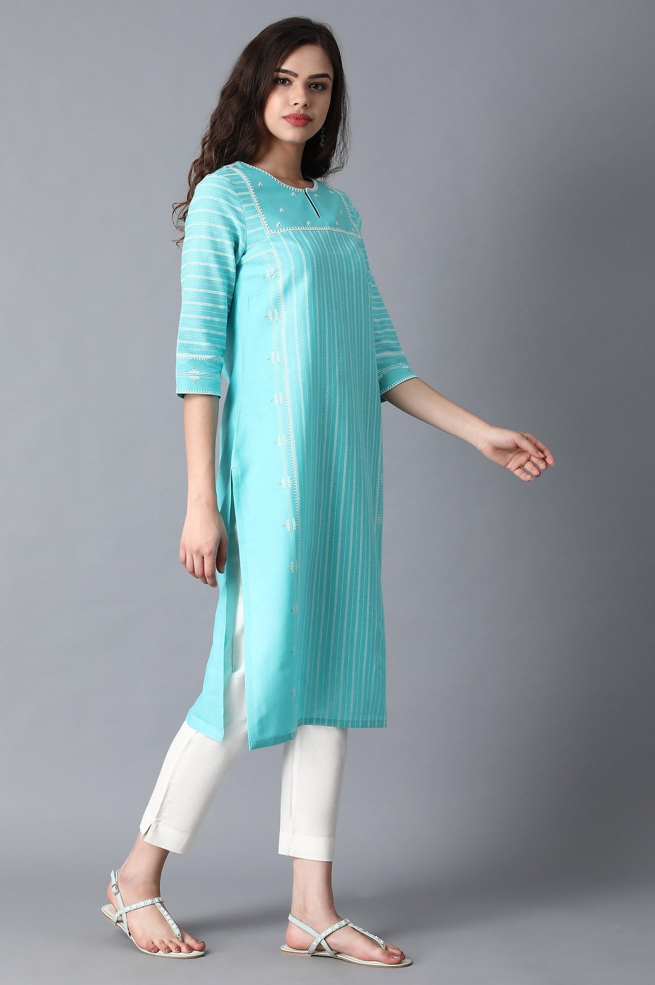 W for Woman Turquoise Round Neck Printed kurta