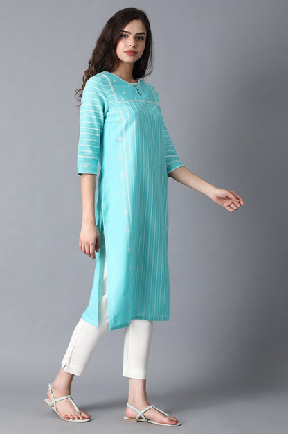 W for Woman Turquoise Round Neck Printed kurta