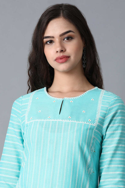 W for Woman Turquoise Round Neck Printed kurta