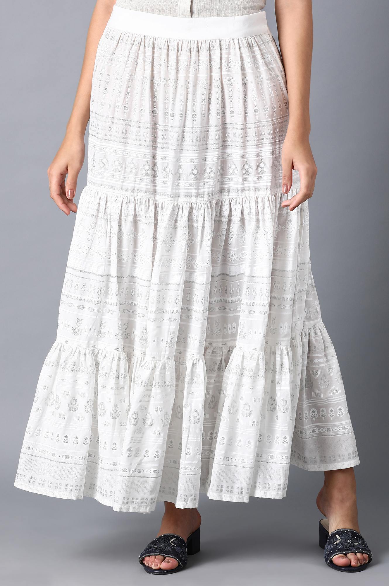 W for Woman Ecru Glitter Printed Tiered Skirt