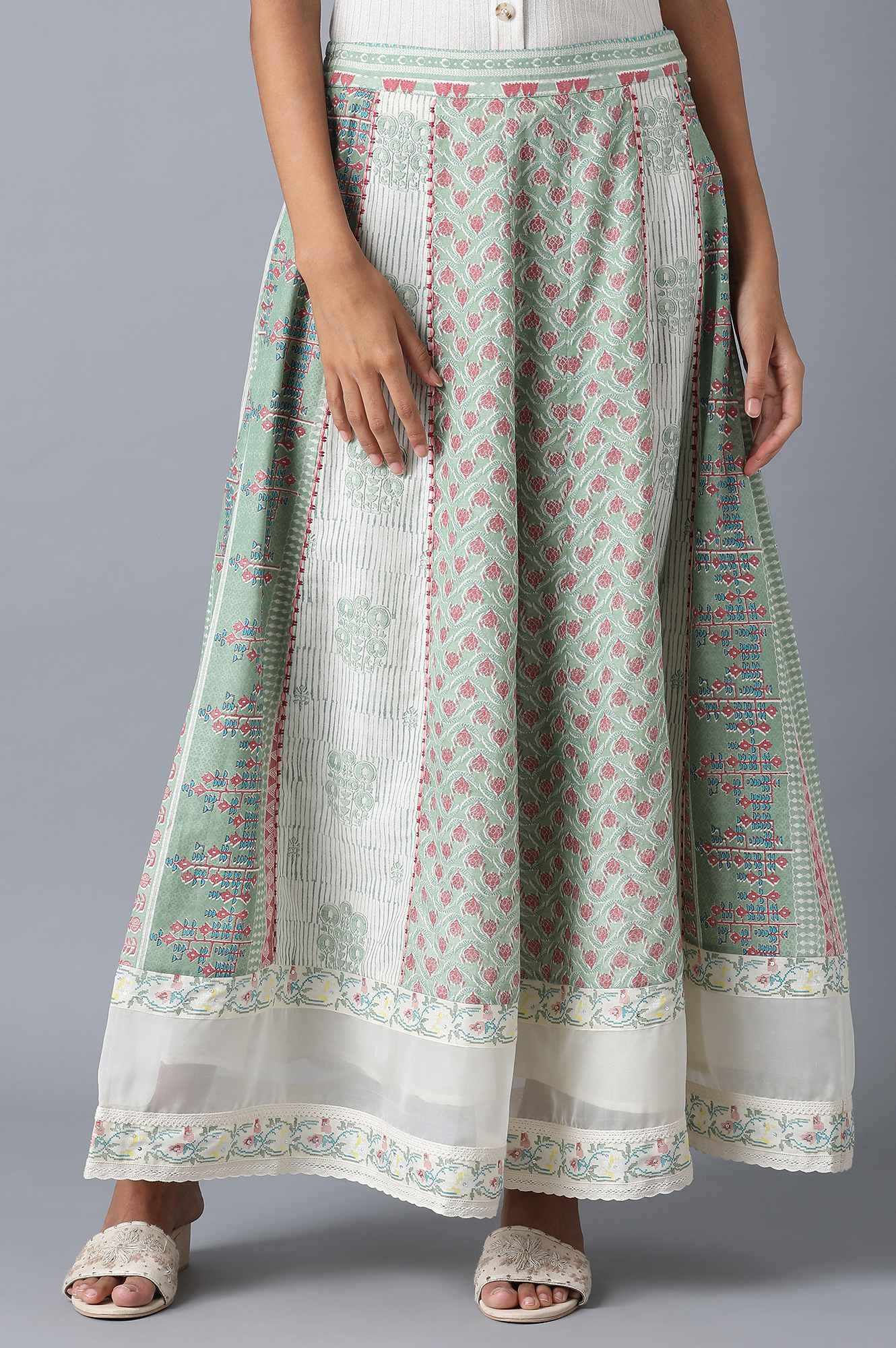 W for Woman Pastel Green Print Mix Panelled Skirt