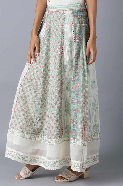 W for Woman Pastel Green Print Mix Panelled Skirt