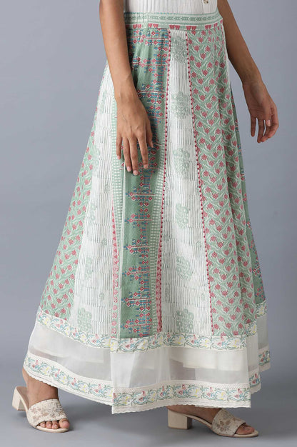 W for Woman Pastel Green Print Mix Panelled Skirt