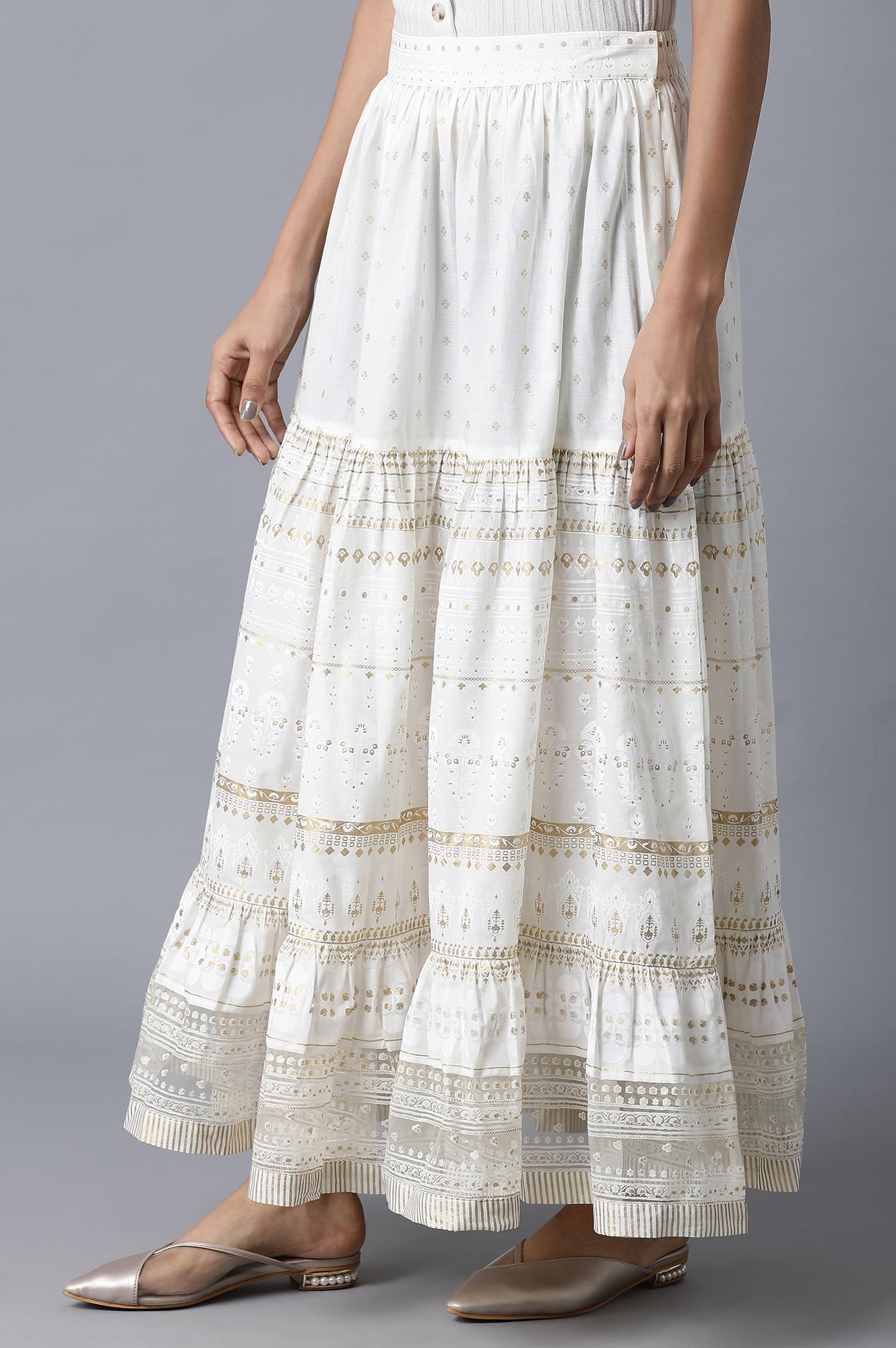 W for Woman Ecru Printed Gathered Skirt