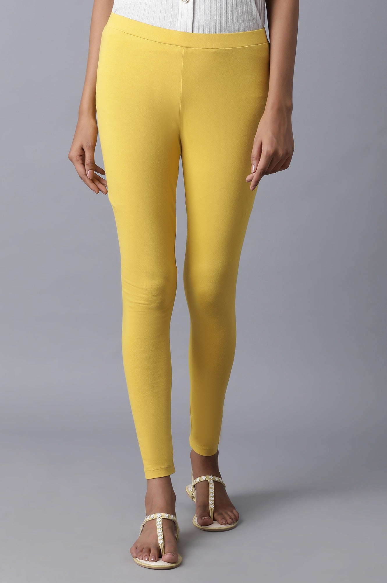 W for Woman Mustard Yellow Cotton Solid Tights