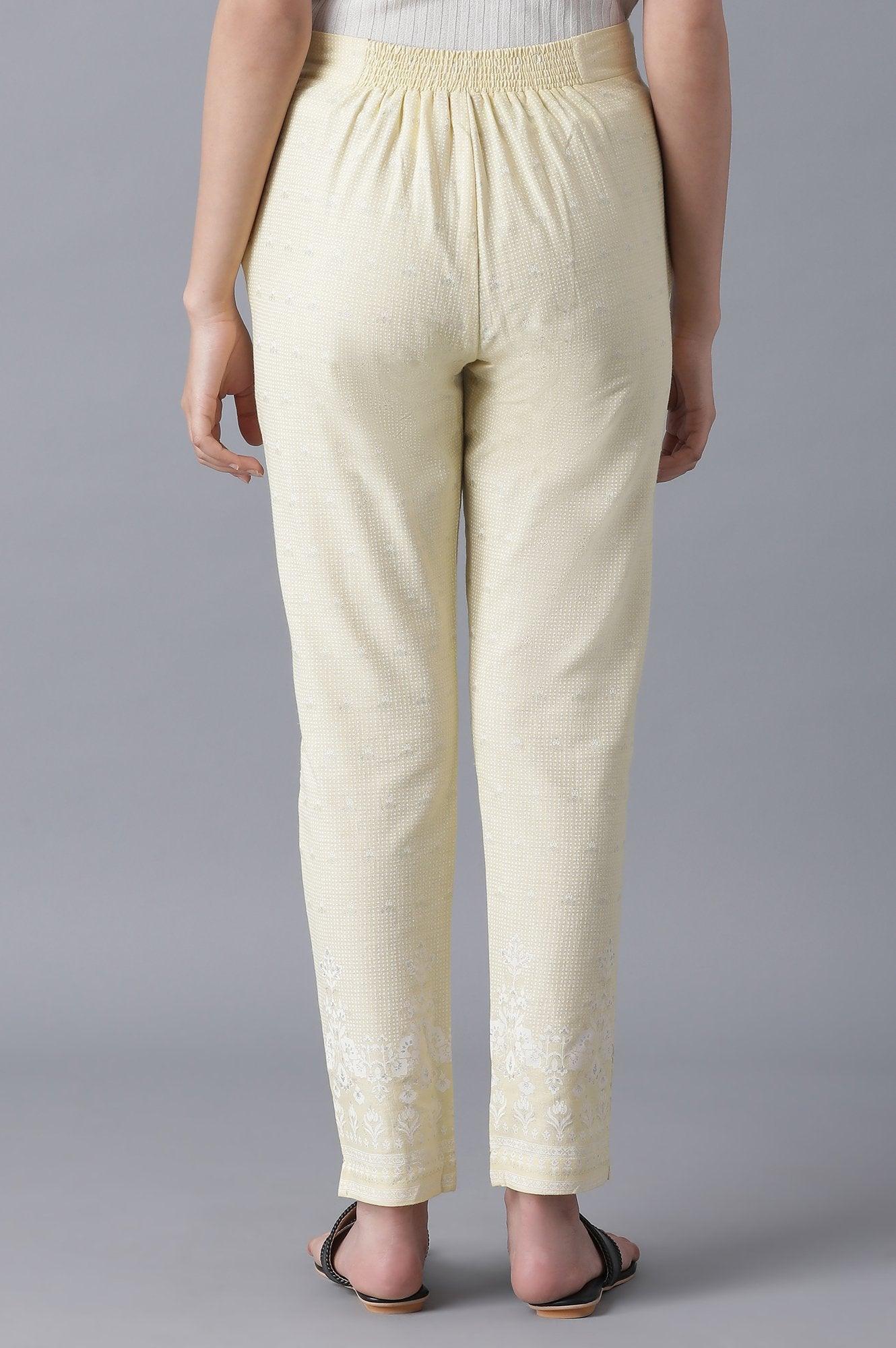 W for Woman Pale Yellow Printed Slim Pants