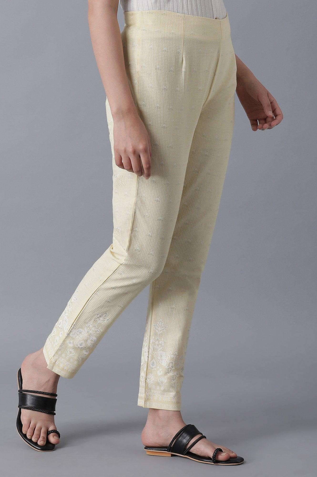 W for Woman Pale Yellow Printed Slim Pants