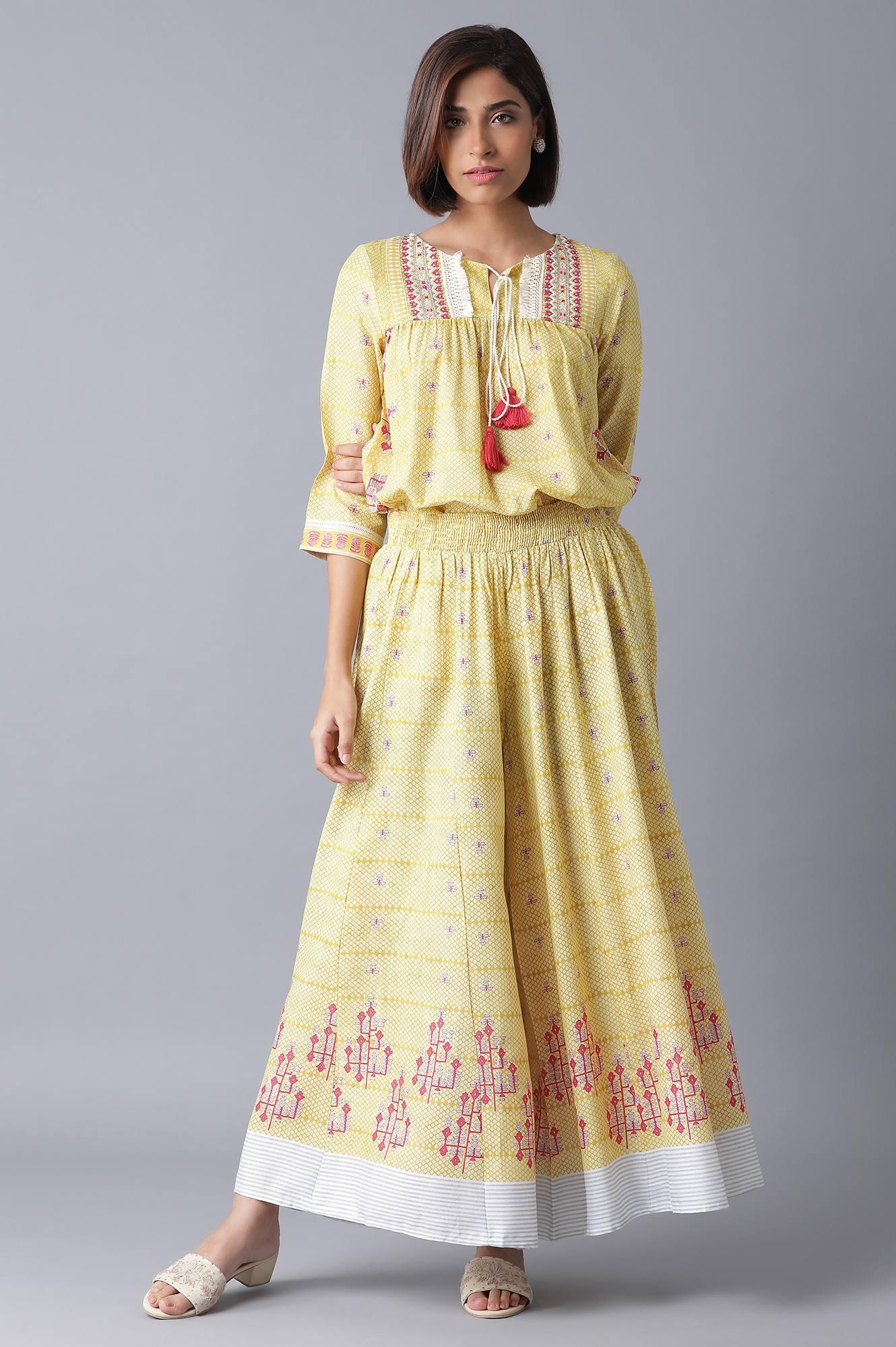 W for Woman Yellow Printed Two Piece Jumpsuit Set