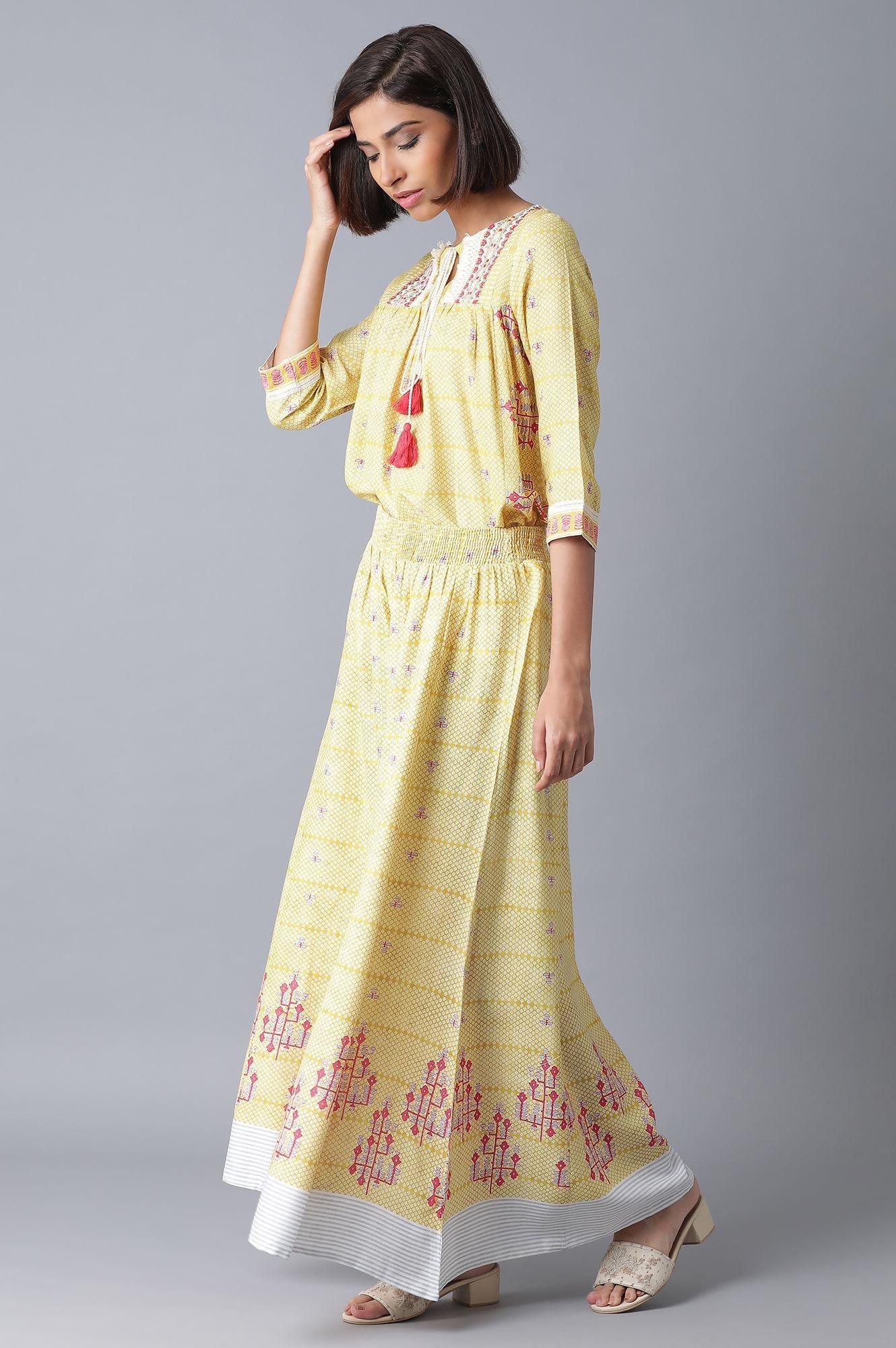 W for Woman Yellow Printed Two Piece Jumpsuit Set