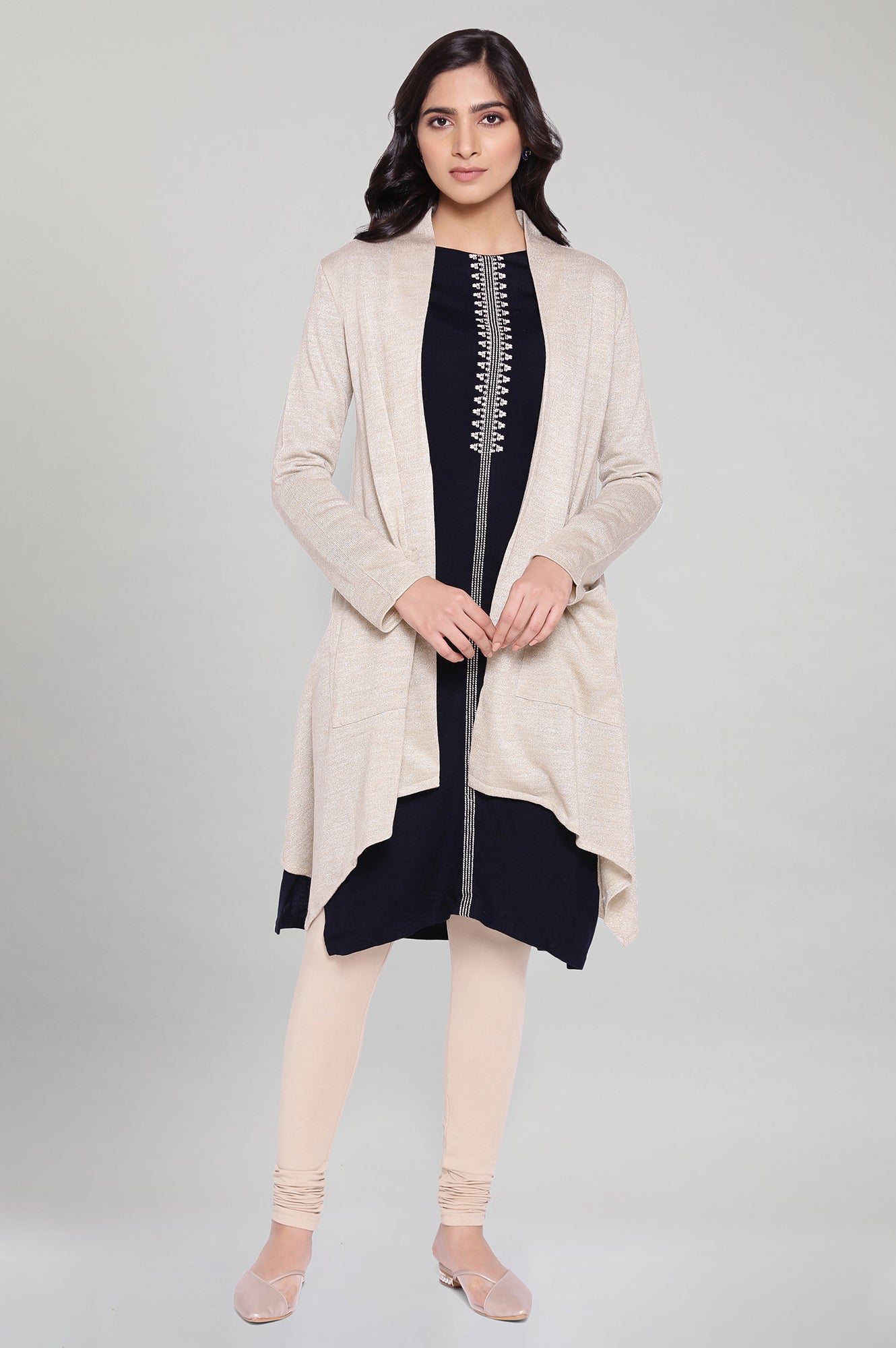 W for Woman Beige Circular Flared Cardigan