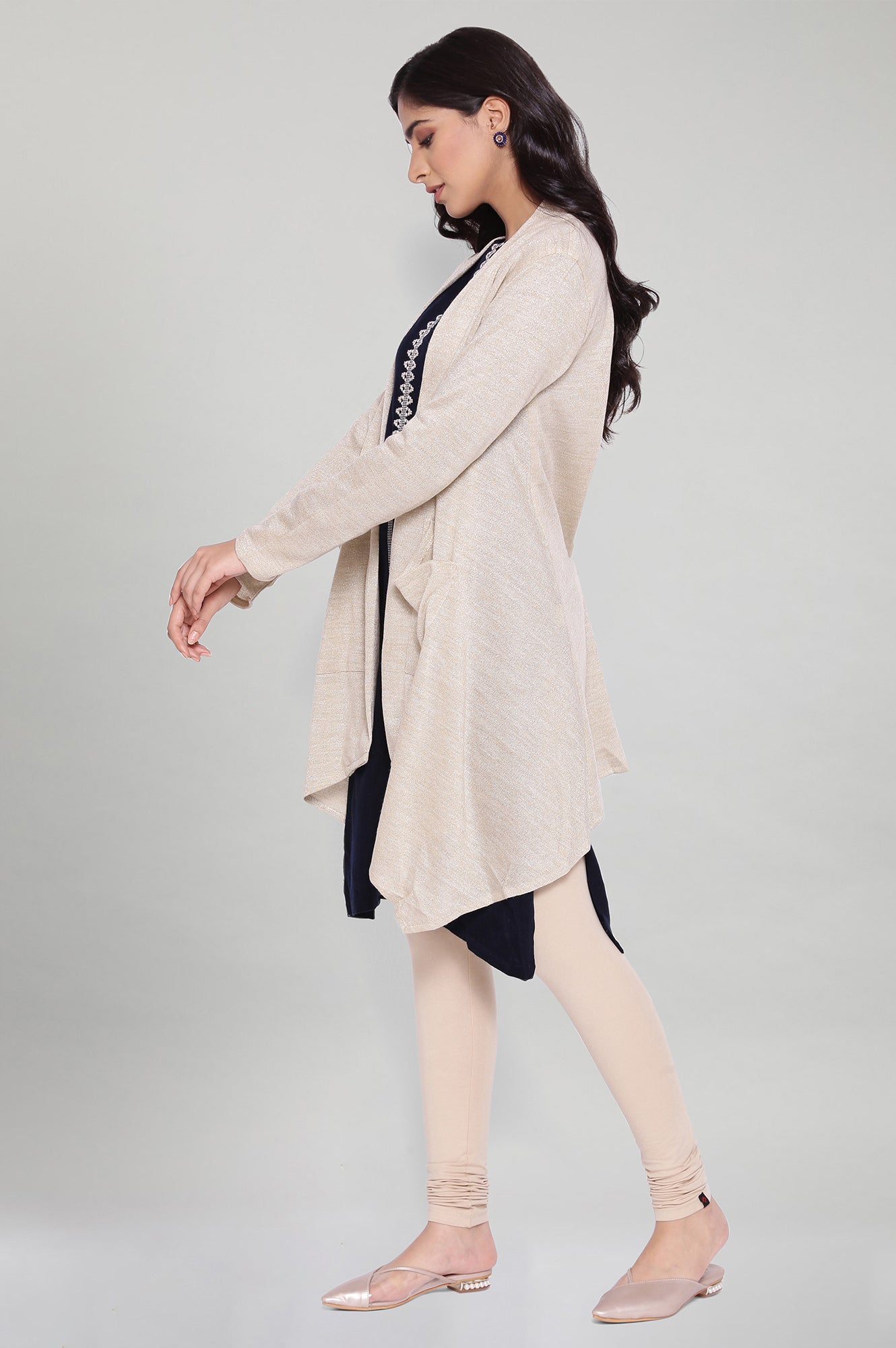 W for Woman Beige Circular Flared Cardigan