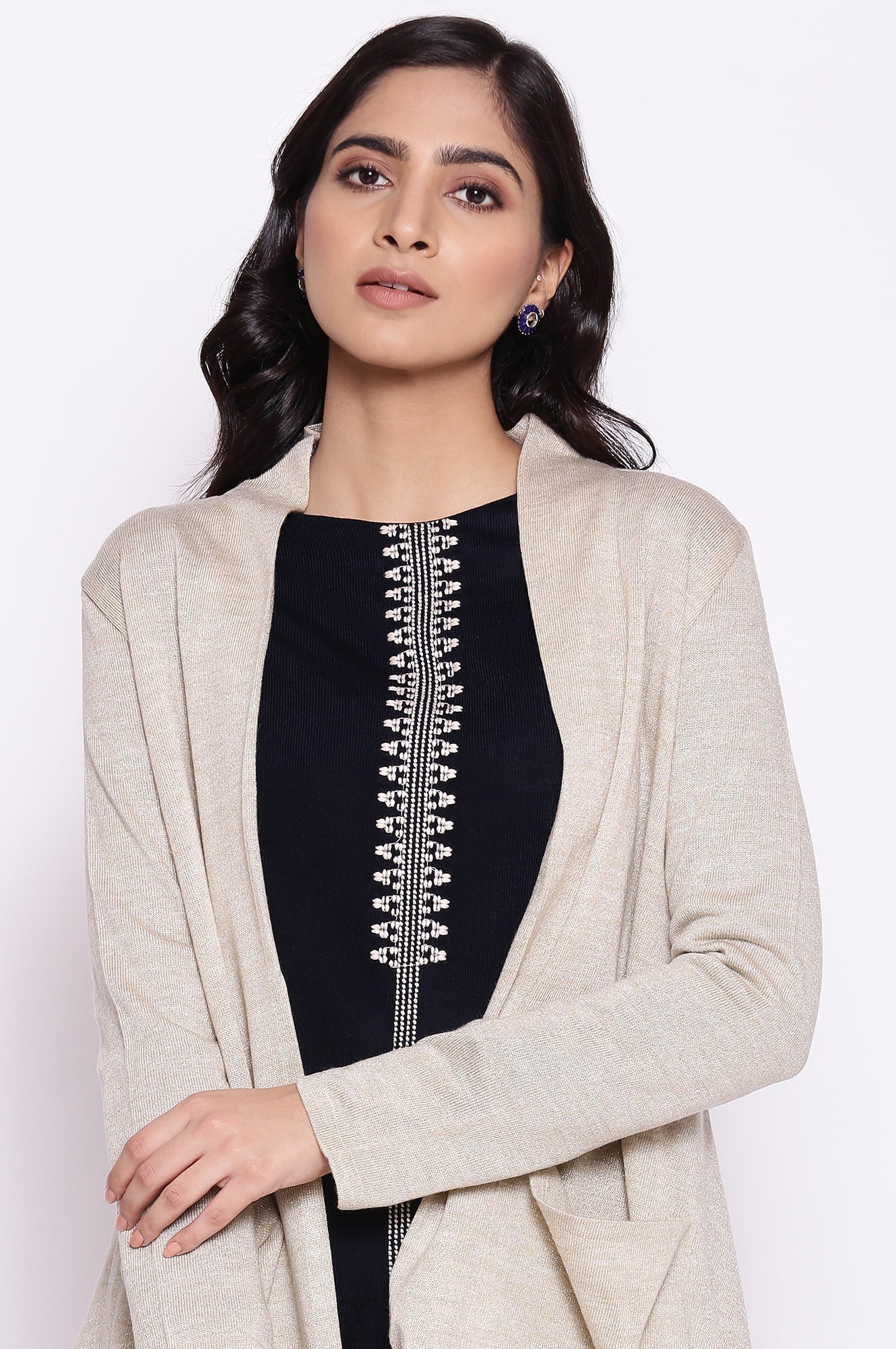 W for Woman Beige Circular Flared Cardigan