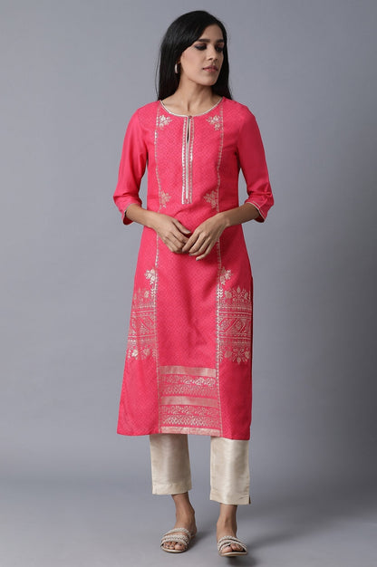 W for Woman Pink Foil Printed Round Neck kurta