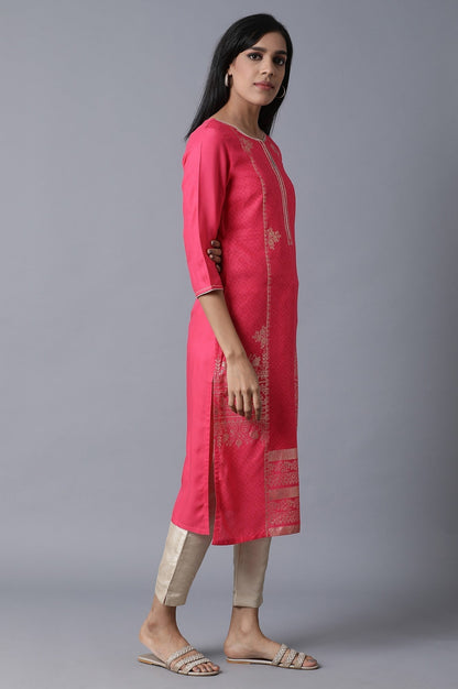 W for Woman Pink Foil Printed Round Neck kurta