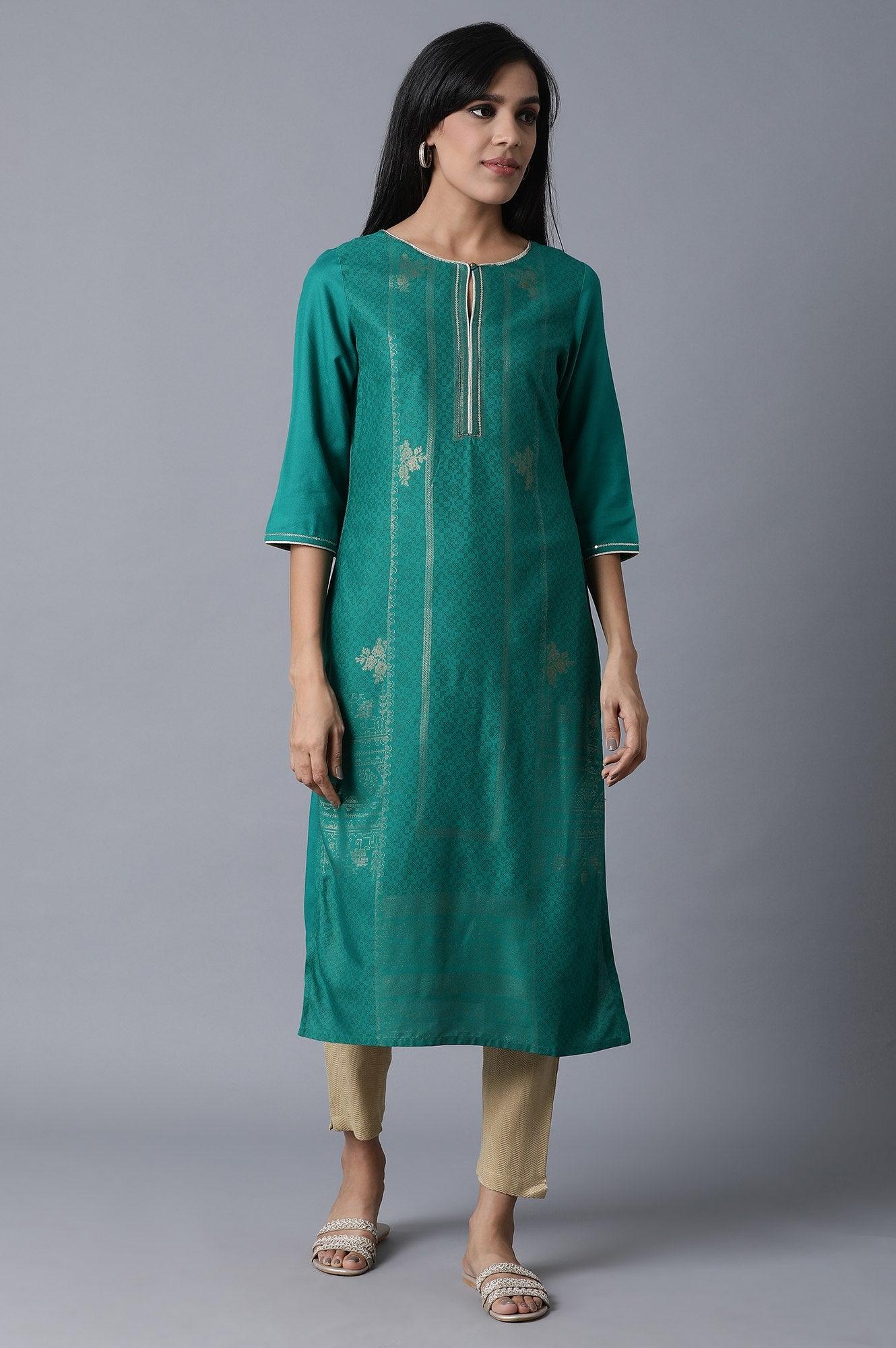 W for Woman Sap Green Foil Print kurta In Keyhole Neck