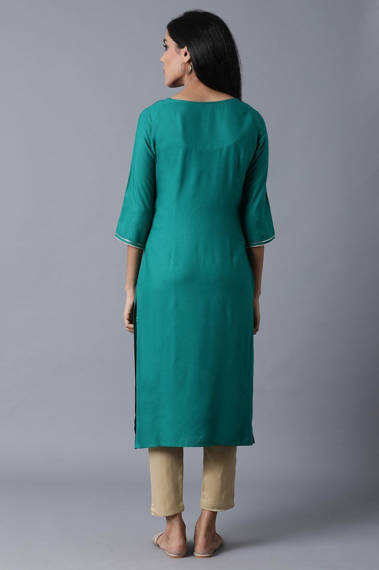 W for Woman Sap Green Foil Print kurta In Keyhole Neck