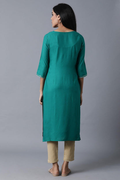 W for Woman Sap Green Foil Print kurta In Keyhole Neck
