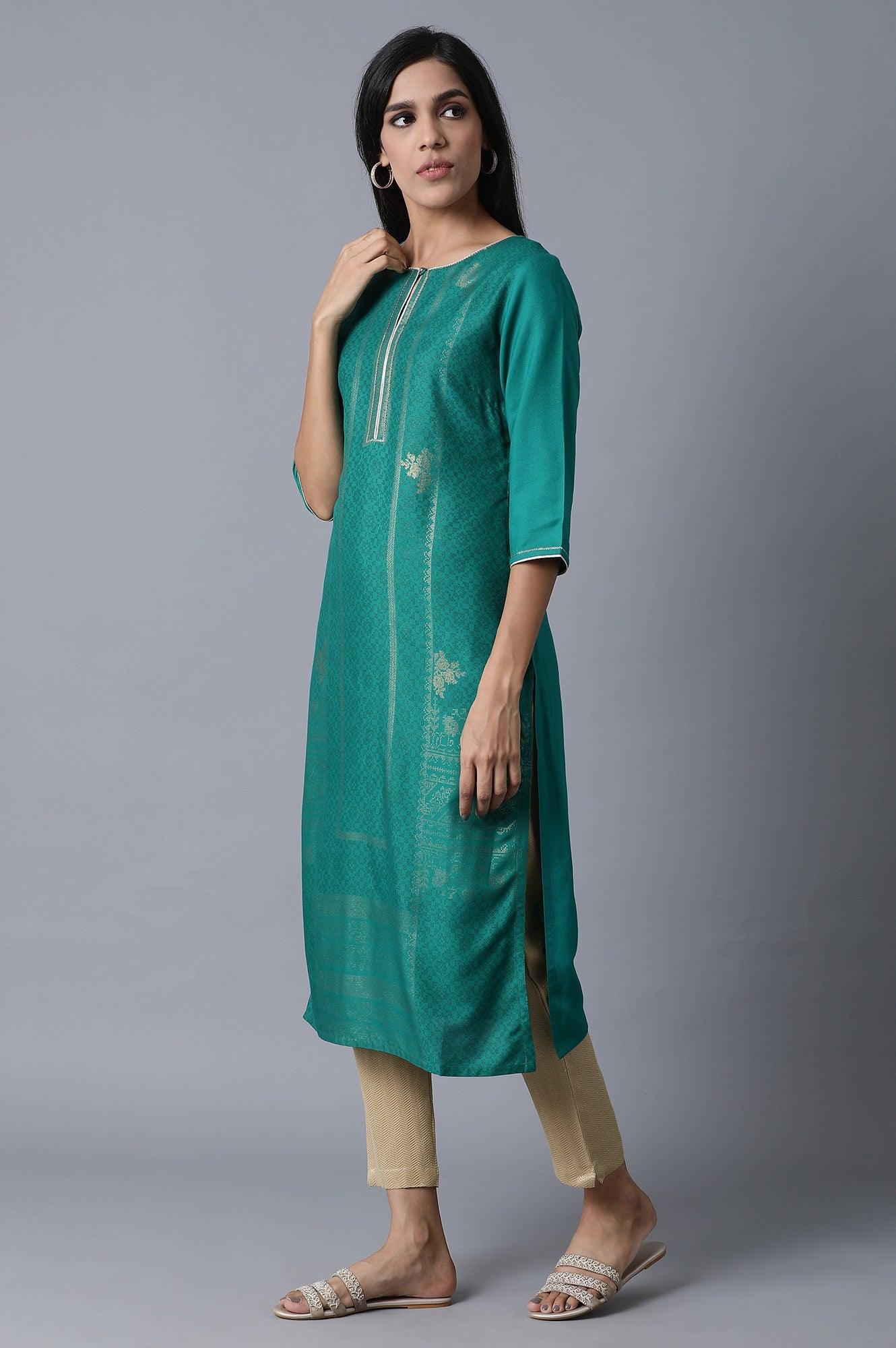 W for Woman Sap Green Foil Print kurta In Keyhole Neck