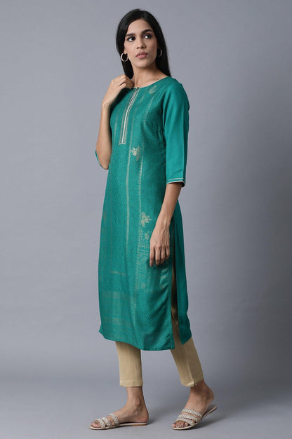 W for Woman Sap Green Foil Print kurta In Keyhole Neck