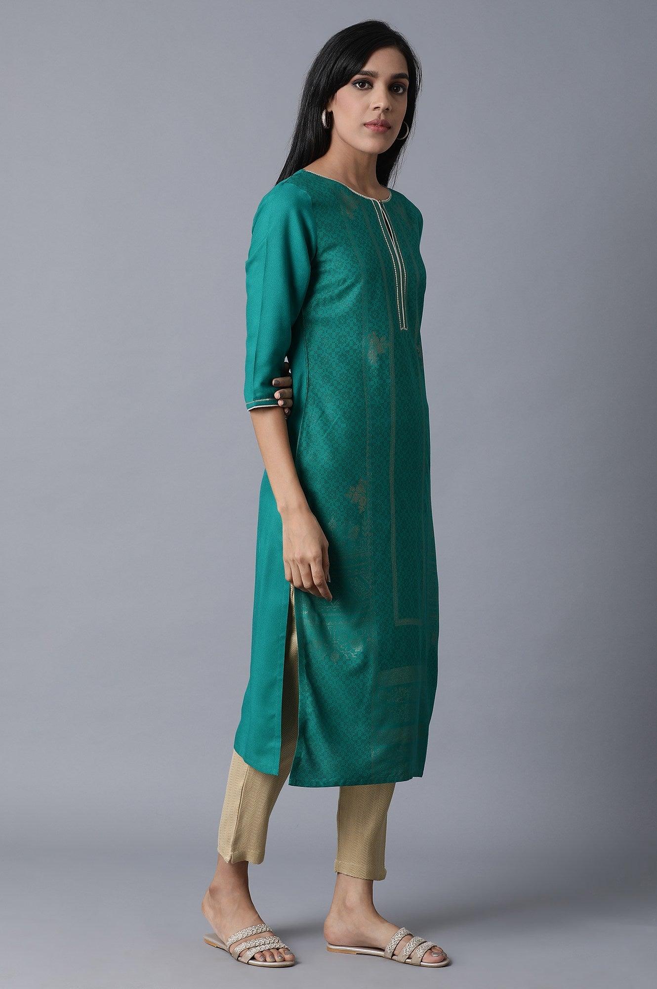 W for Woman Sap Green Foil Print kurta In Keyhole Neck