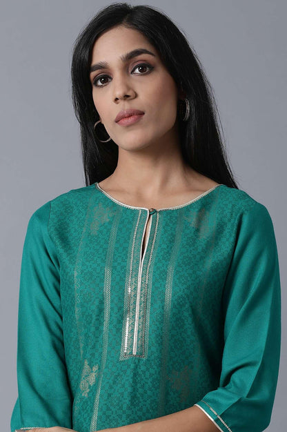 W for Woman Sap Green Foil Print kurta In Keyhole Neck