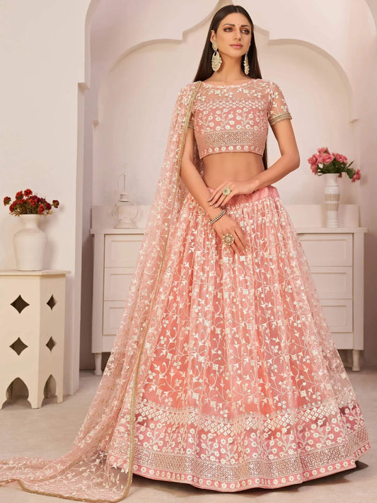 Tulsi Art Ravishing Light Pink Thread Net Festive Wear Lehenga Choli