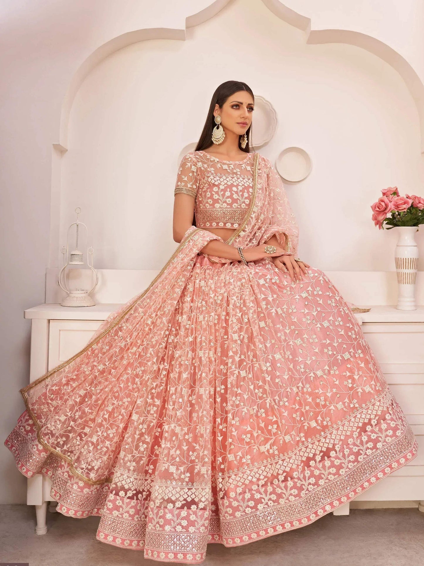 Tulsi Art Ravishing Light Pink Thread Net Festive Wear Lehenga Choli