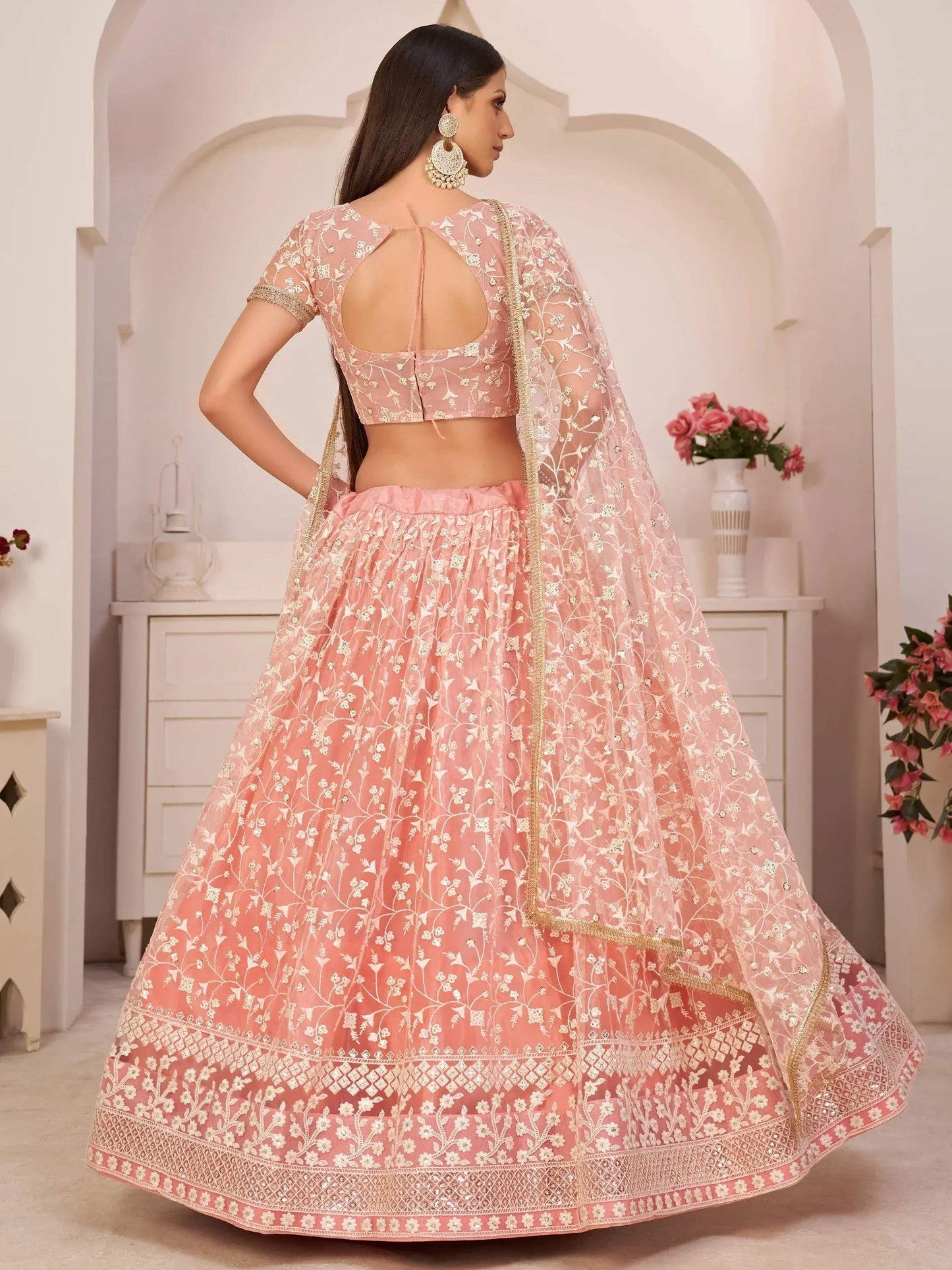 Tulsi Art Ravishing Light Pink Thread Net Festive Wear Lehenga Choli