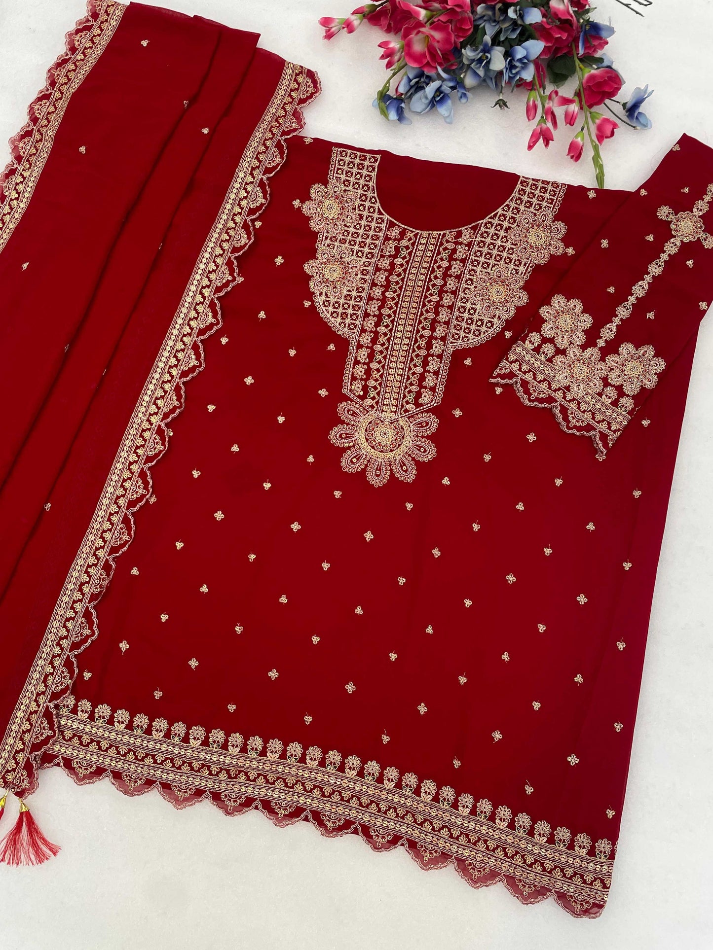 Anaita Red Georgette Suit With Embroidery & Sequence Work