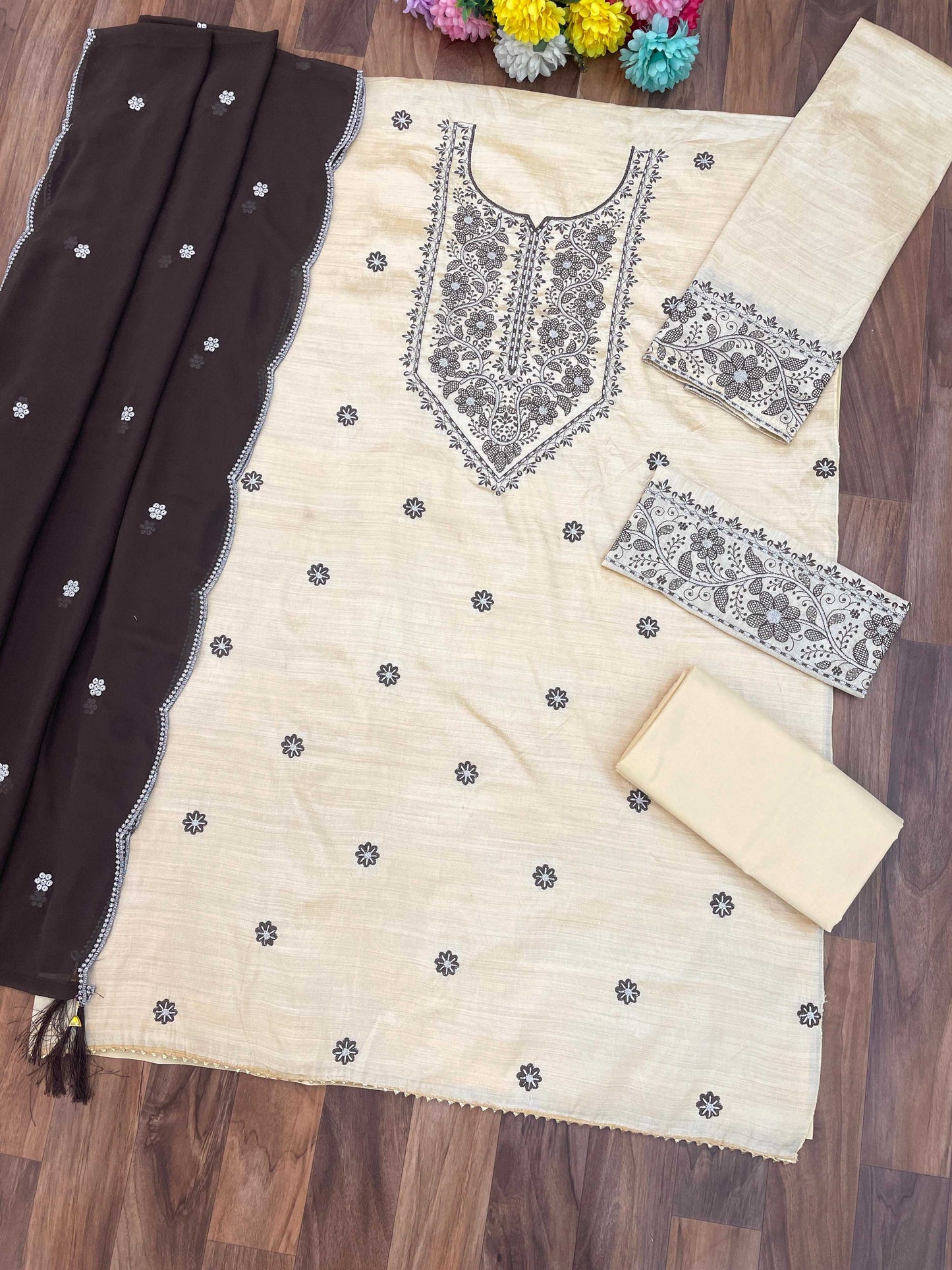 Anaita White D Purple Khadi Cotton Suit with Embroidery & Patchwork