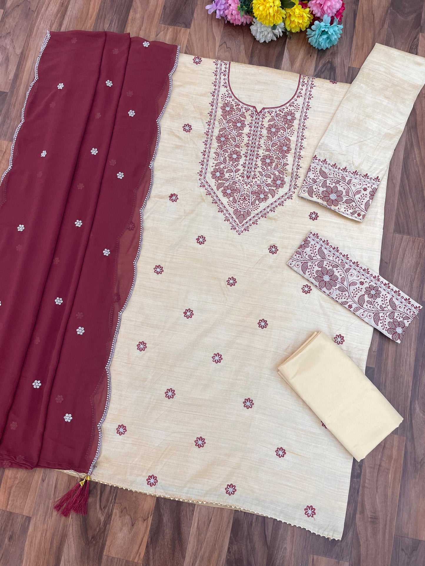 Anaita White Maroon Khadi Cotton Suit with Embroidery & Patchwork
