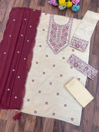 Anaita White Maroon Khadi Cotton Suit with Embroidery & Patchwork