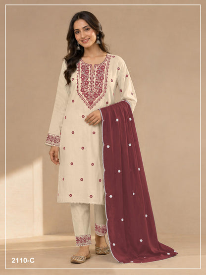 Anaita White Maroon Khadi Cotton Suit with Embroidery & Patchwork