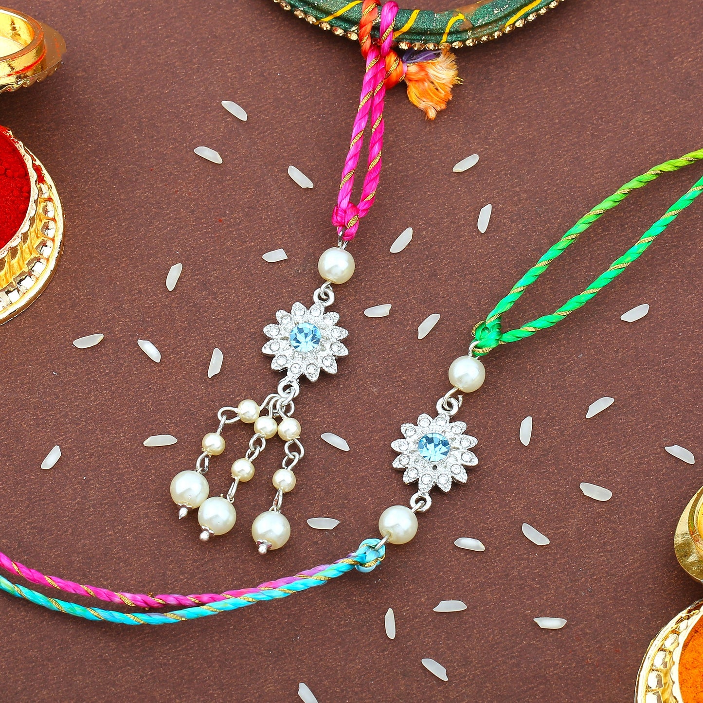 Rhodium Floral Crystal Bhaiya Bhabhi Rakhi