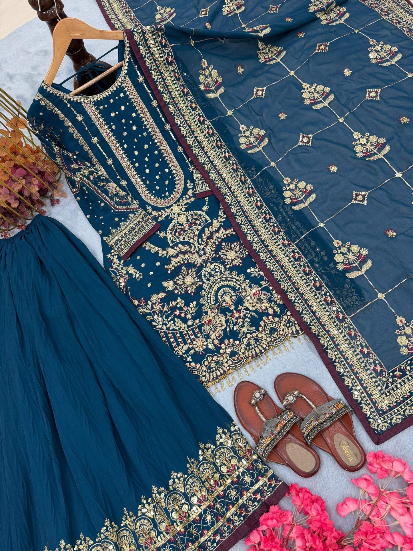 Anaita Teal Faux Georgette Readymade Suit with Embroidery & Moti Work