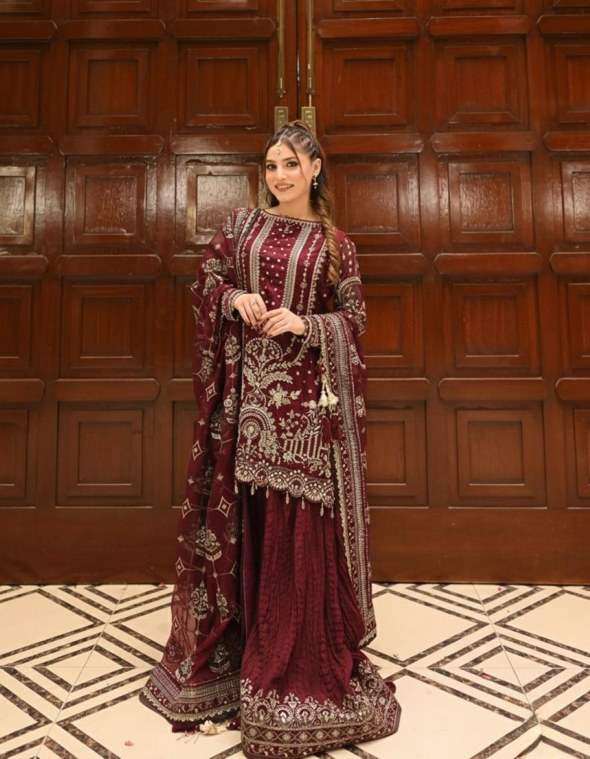 Anaita Maroon Faux Georgette Readymade Suit with Embroidery & Moti Work