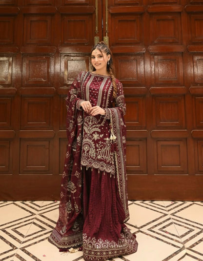 Anaita Maroon Faux Georgette Readymade Suit with Embroidery & Moti Work
