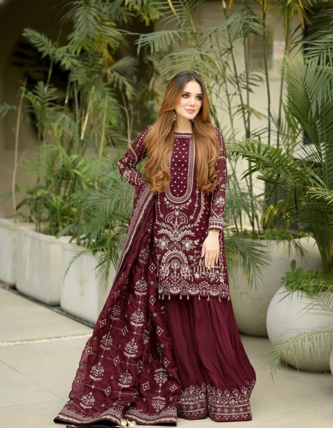 Anaita Maroon Faux Georgette Readymade Suit with Embroidery & Moti Work