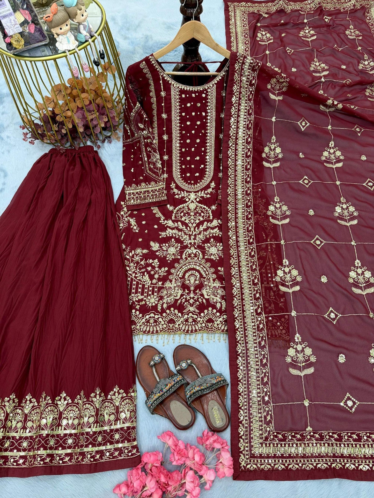 Anaita Maroon Faux Georgette Readymade Suit with Embroidery & Moti Work