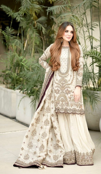 Anaita Off White Faux Georgette Readymade Suit with Embroidery & Moti Work