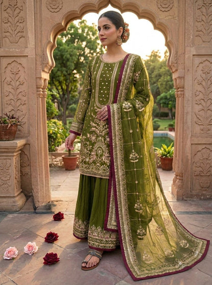 Anaita Mehendi Faux Georgette Readymade Suit with Embroidery & Moti Work