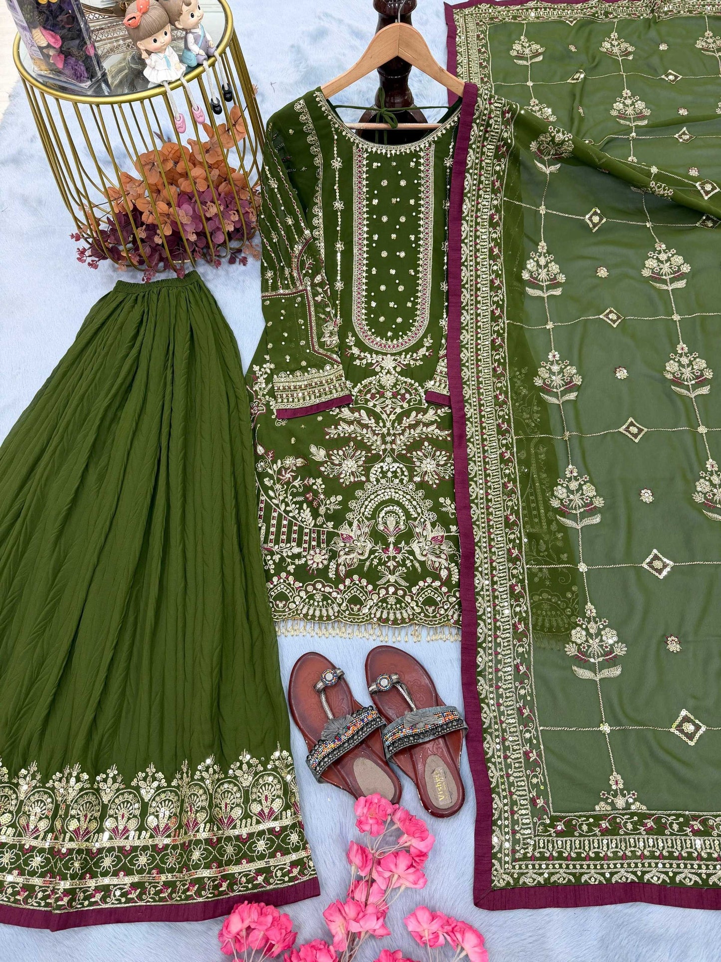 Anaita Mehendi Faux Georgette Readymade Suit with Embroidery & Moti Work