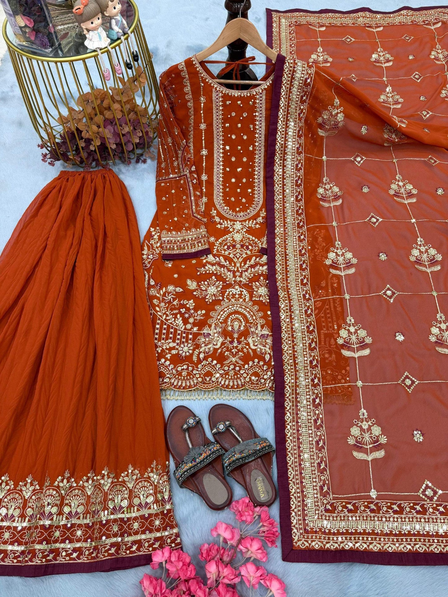 Anaita Orange Faux Georgette Readymade Suit with Embroidery & Moti Work