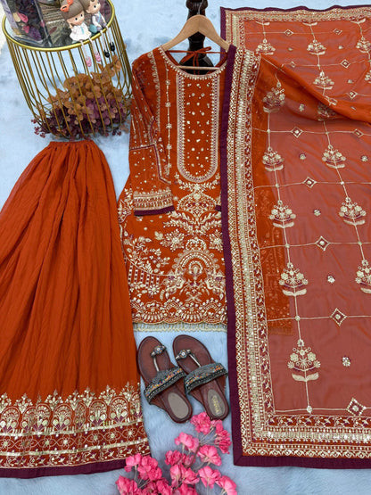 Anaita Orange Faux Georgette Readymade Suit with Embroidery & Moti Work