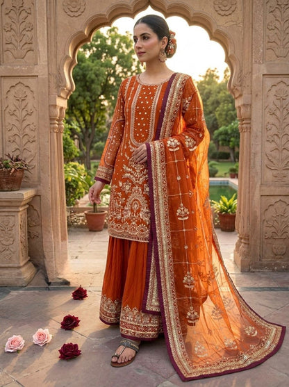 Anaita Orange Faux Georgette Readymade Suit with Embroidery & Moti Work