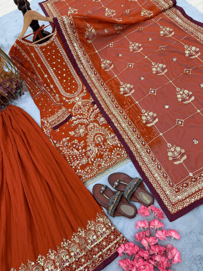 Anaita Orange Faux Georgette Readymade Suit with Embroidery & Moti Work