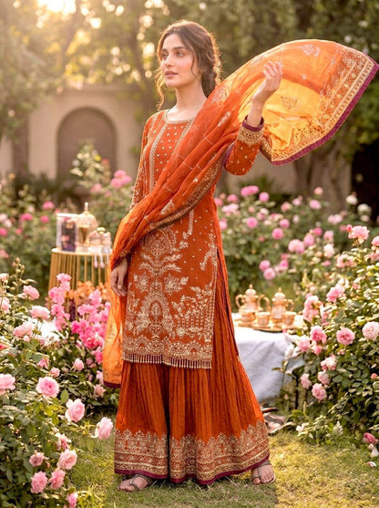 Anaita Orange Faux Georgette Readymade Suit with Embroidery & Moti Work