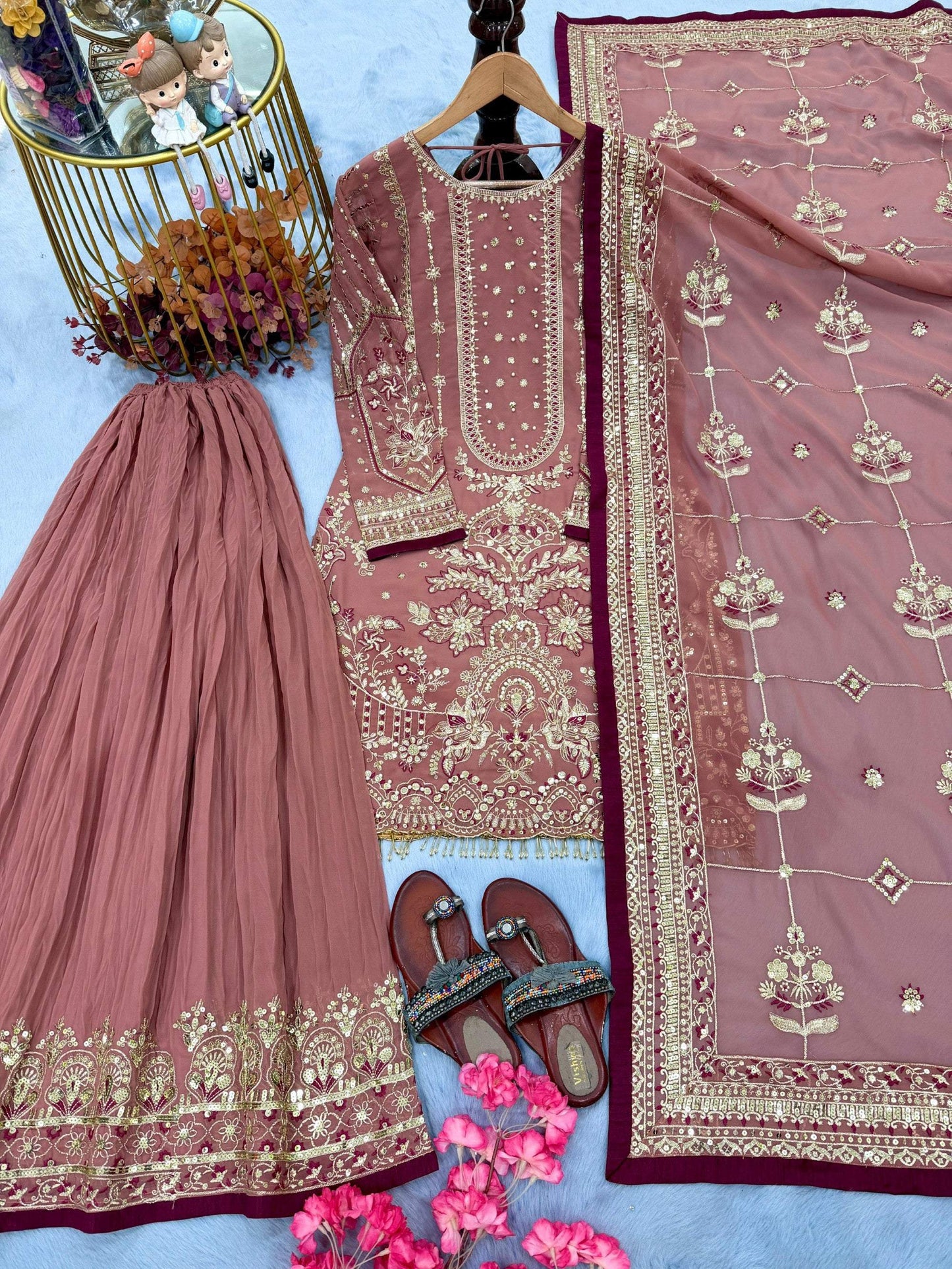 Anaita Pink Faux Georgette Readymade Suit with Embroidery & Moti Work