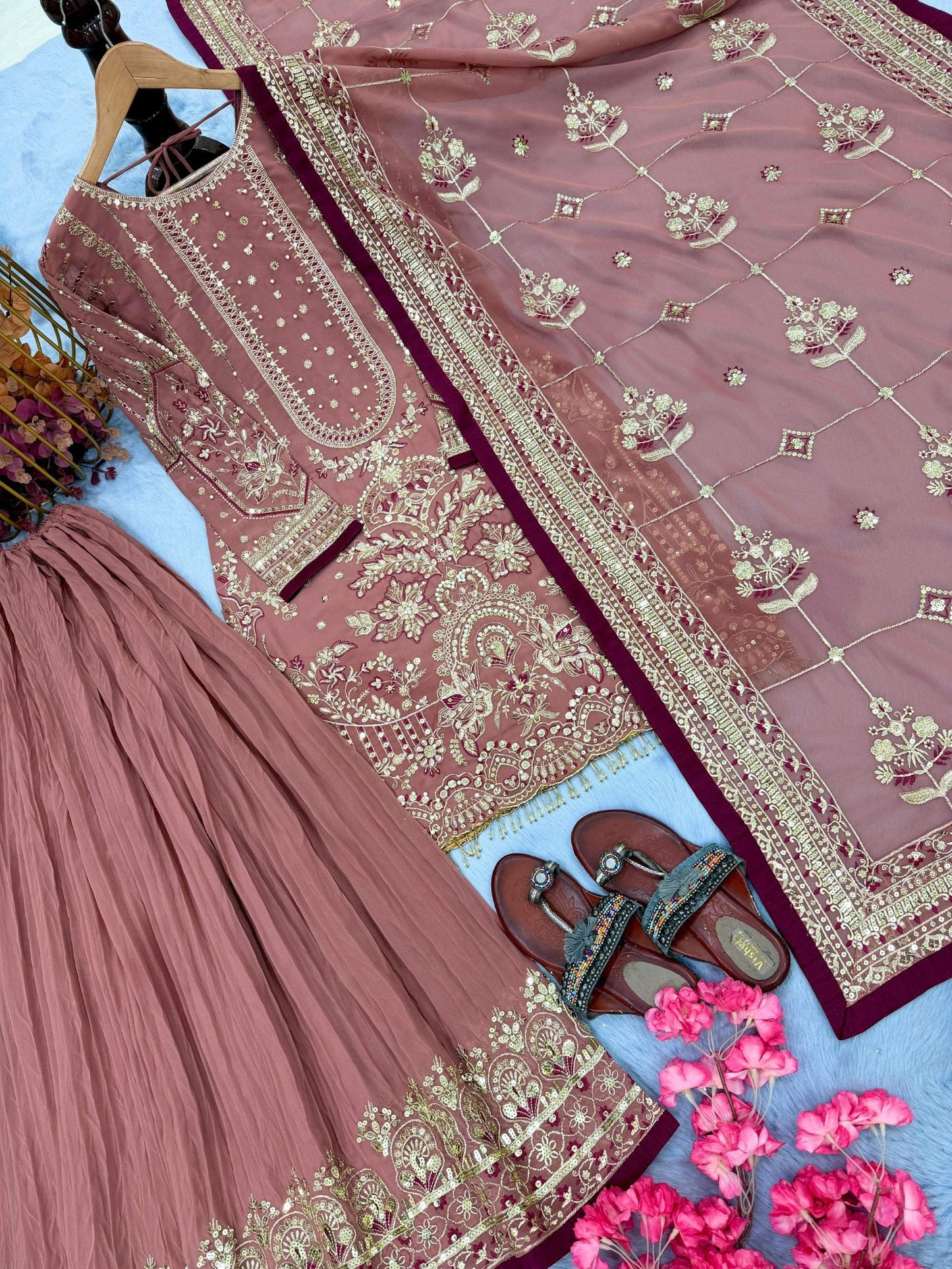 Anaita Pink Faux Georgette Readymade Suit with Embroidery & Moti Work